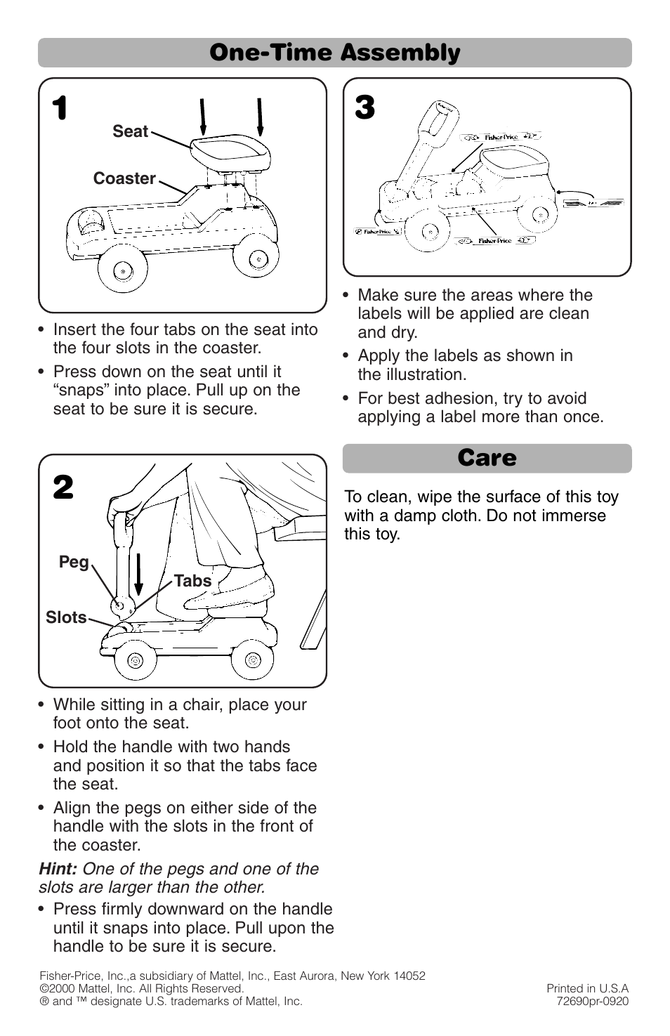 One-time assembly care | Fisher-Price CREATIVE COASTER 72690 User Manual | Page 2 / 2