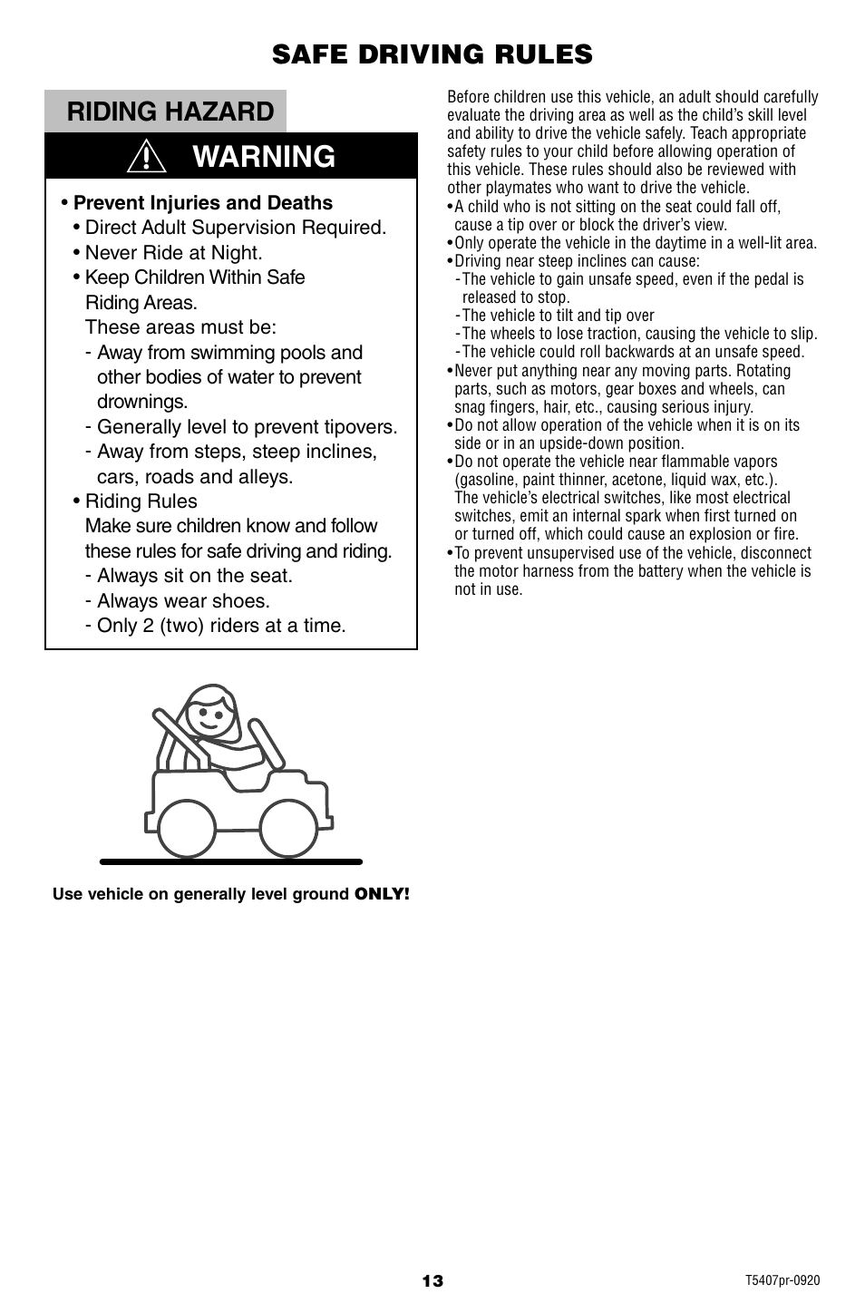 Warning, Riding hazard, Safe driving rules | Fisher-Price SMART T5407 User Manual | Page 13 / 20