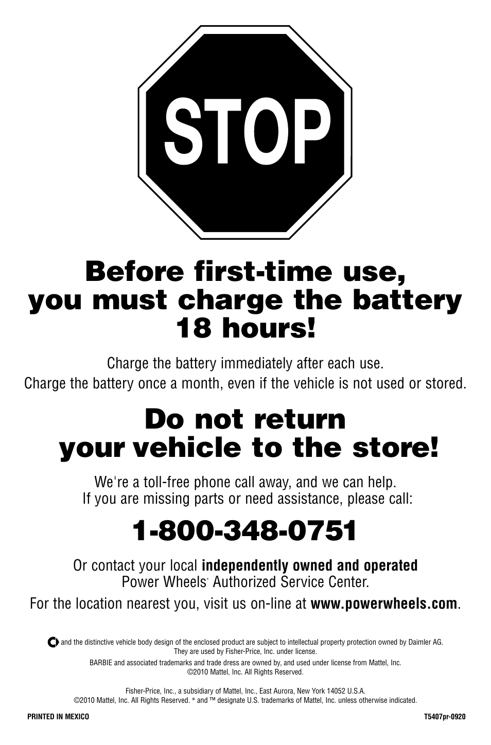 Do not return your vehicle to the store | Fisher-Price SMART T5407 User Manual | Page 20 / 20