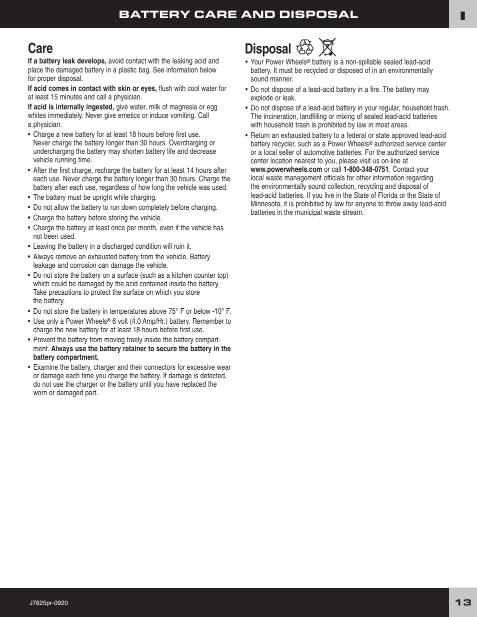 Care, Disposal, Battery care and disposal | Fisher-Price LIL'QUAD J7825 User Manual | Page 13 / 20