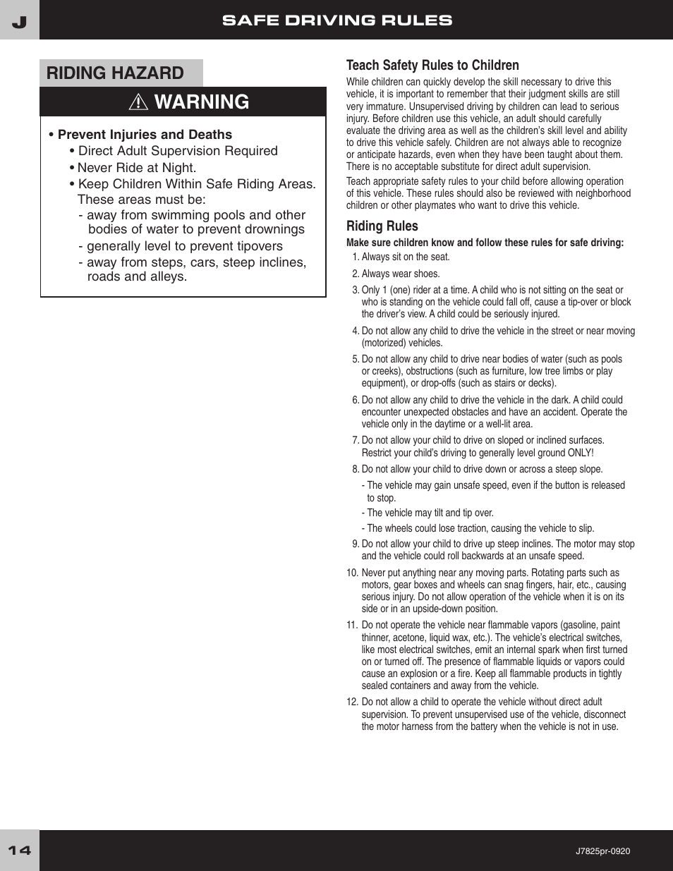 Warning, Riding hazard, Safe driving rules | Teach safety rules to children, Riding rules | Fisher-Price LIL'QUAD J7825 User Manual | Page 14 / 20