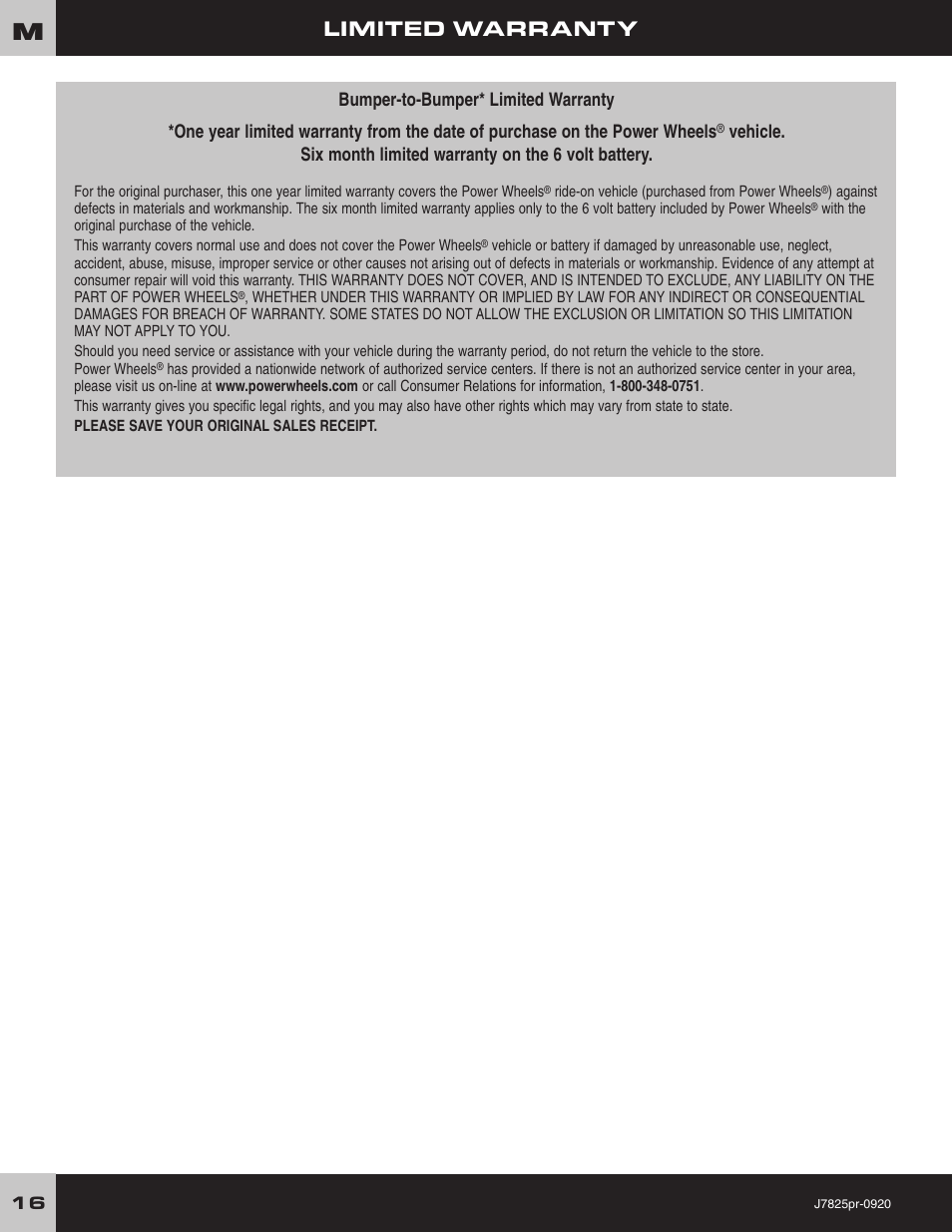 Limited warranty | Fisher-Price LIL'QUAD J7825 User Manual | Page 16 / 20