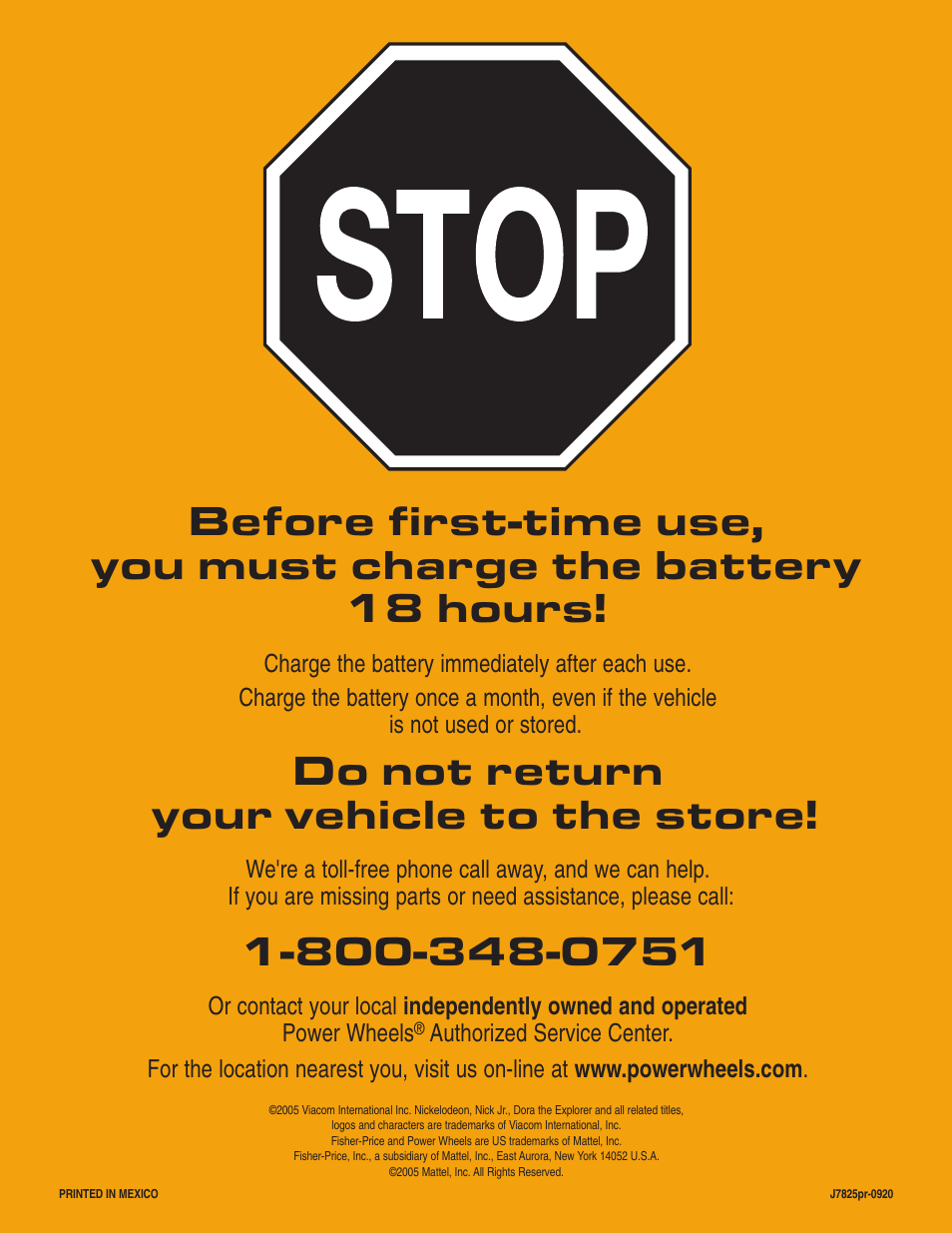 Do not return your vehicle to the store | Fisher-Price LIL'QUAD J7825 User Manual | Page 20 / 20