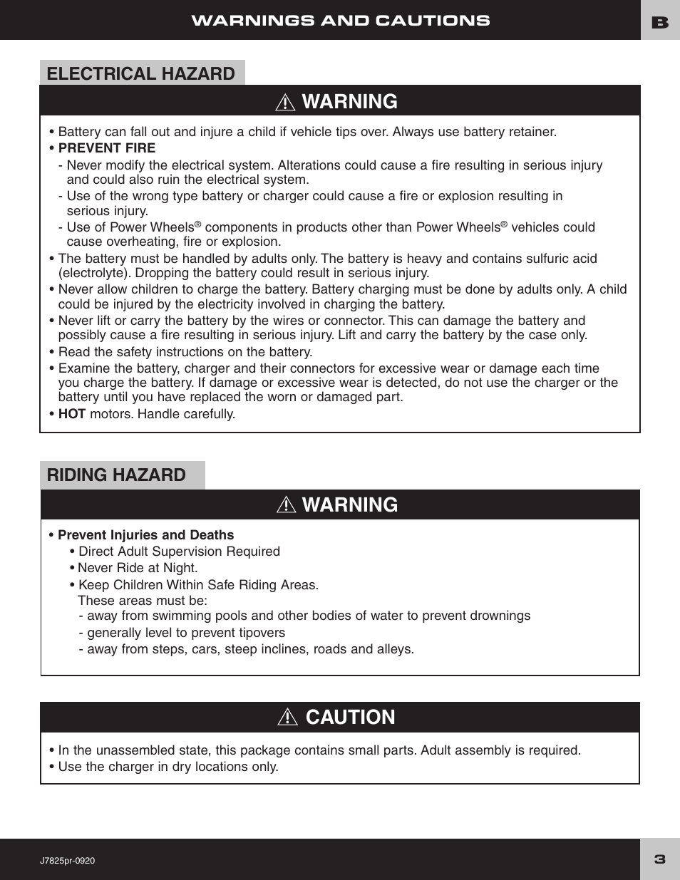 Warning caution, Warning, Electrical hazard | Riding hazard | Fisher-Price LIL'QUAD J7825 User Manual | Page 3 / 20