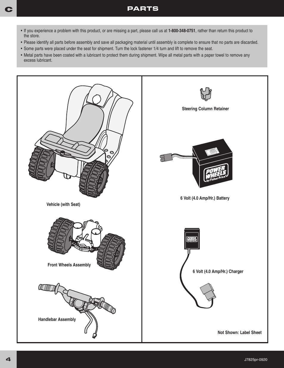 Parts, Vehicle (with seat) | Fisher-Price LIL'QUAD J7825 User Manual | Page 4 / 20