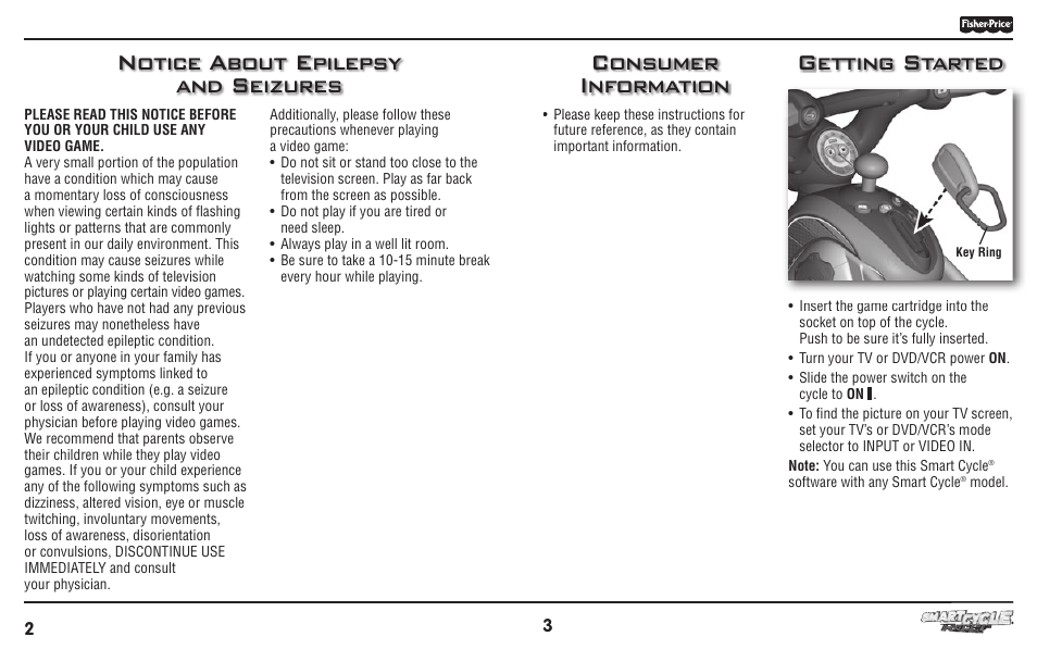 Getting started, Consumer information, Notice about epilepsy and seizures | Fisher-Price T6347 User Manual | Page 2 / 8