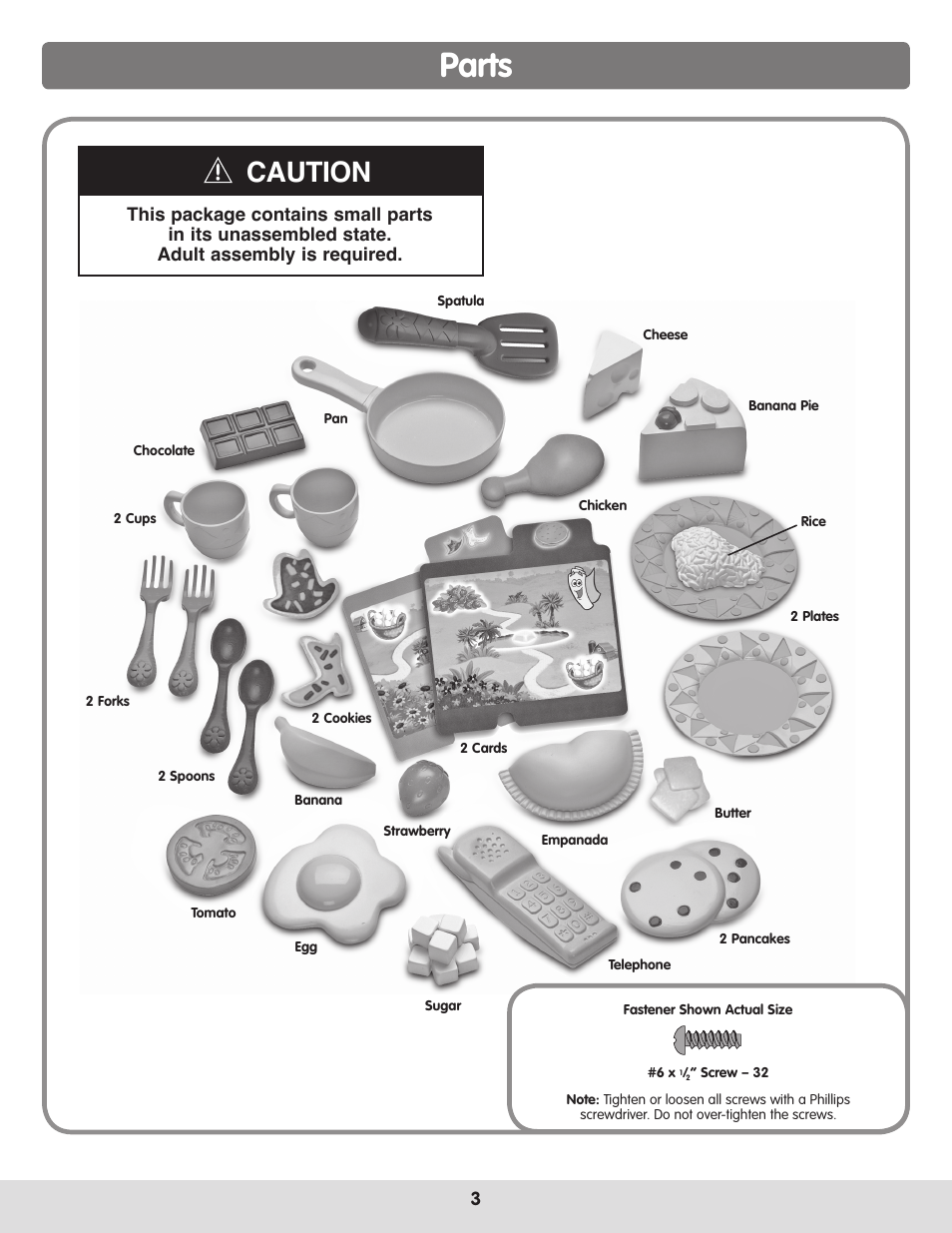 Parts, Caution | Fisher-Price DORA TALKING KITCHEN H1581 User Manual | Page 3 / 12