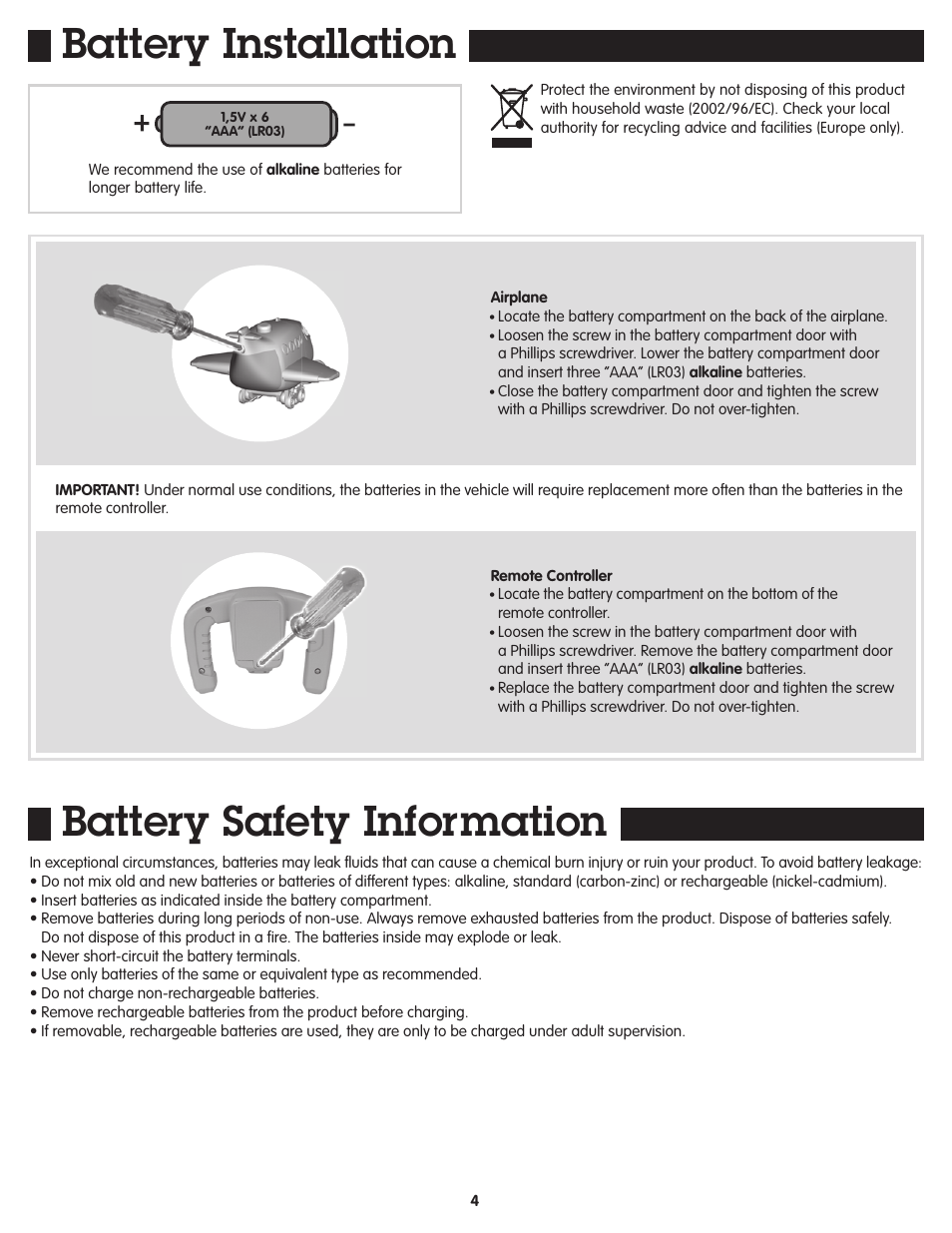 Battery installation, Battery safety information | Fisher-Price GEOTRAX N3985 User Manual | Page 4 / 7
