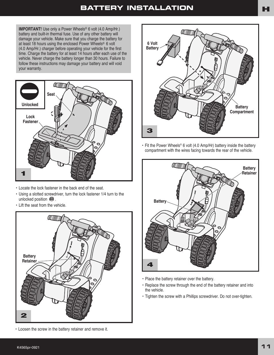 Battery installation | Fisher-Price LIL' QUAD K4565 User Manual | Page 11 / 20