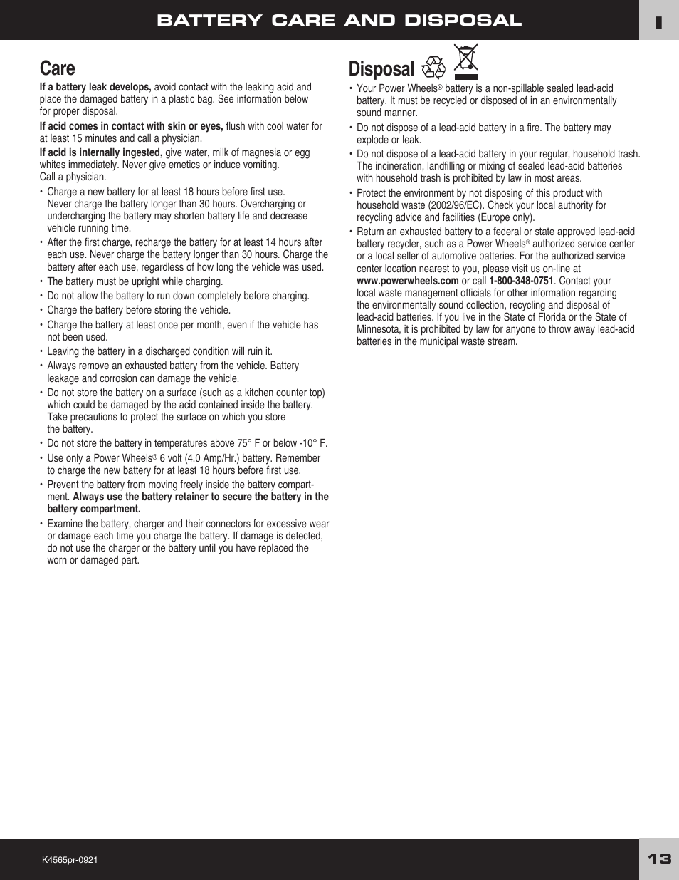 Care, Disposal, Battery care and disposal | Fisher-Price LIL' QUAD K4565 User Manual | Page 13 / 20