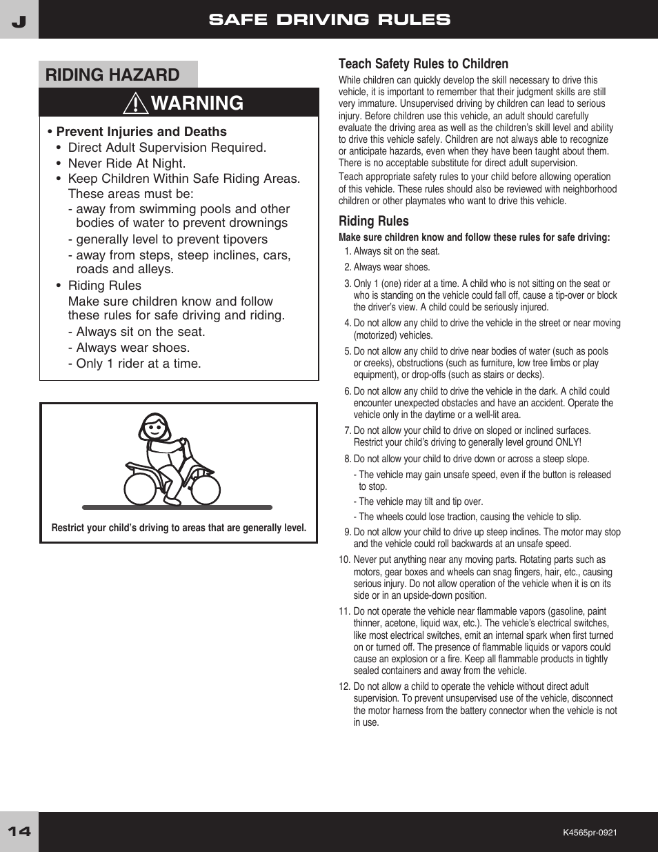 Warning, Riding hazard, Safe driving rules | Fisher-Price LIL' QUAD K4565 User Manual | Page 14 / 20