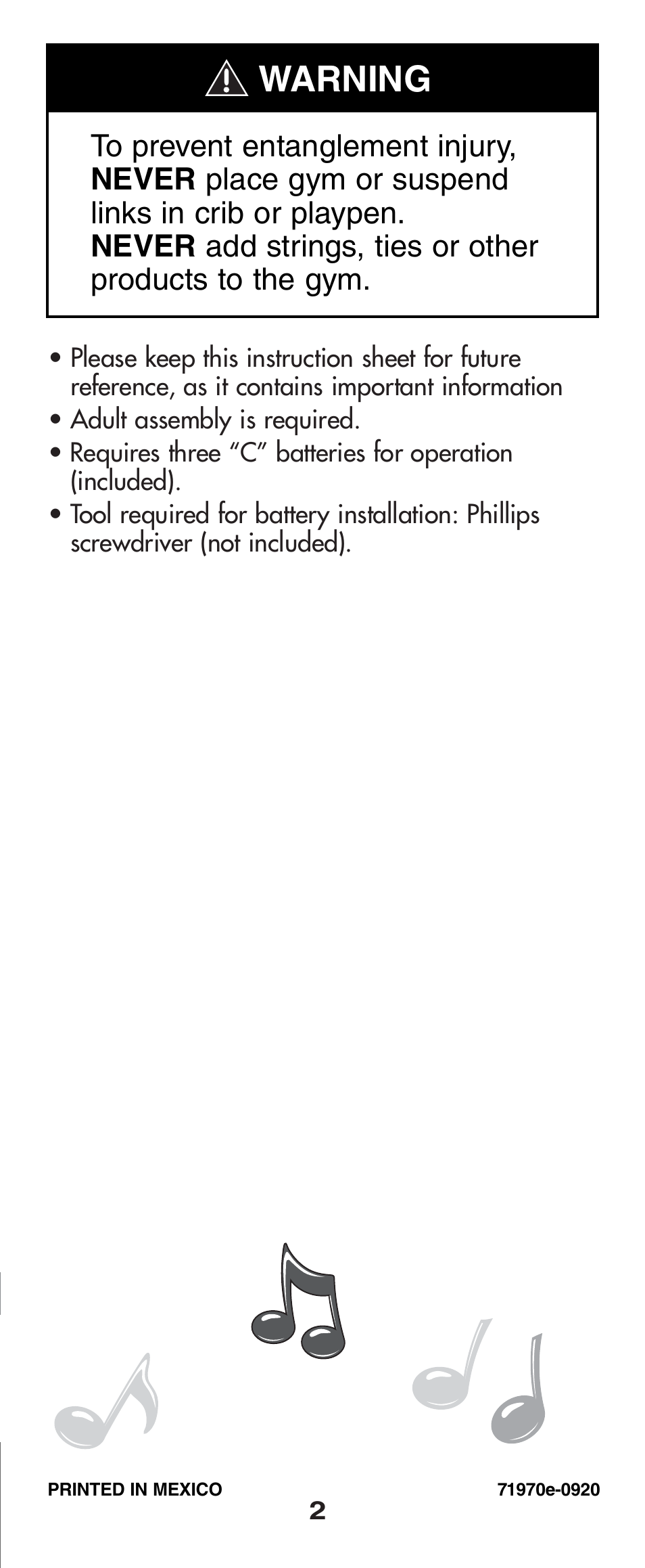 Warning | Fisher-Price SPARKLING SYMPHONY 71970 User Manual | Page 2 / 16