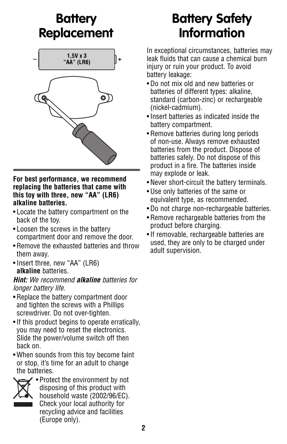 Battery replacement, Battery safety information | Fisher-Price V5611 User Manual | Page 2 / 6