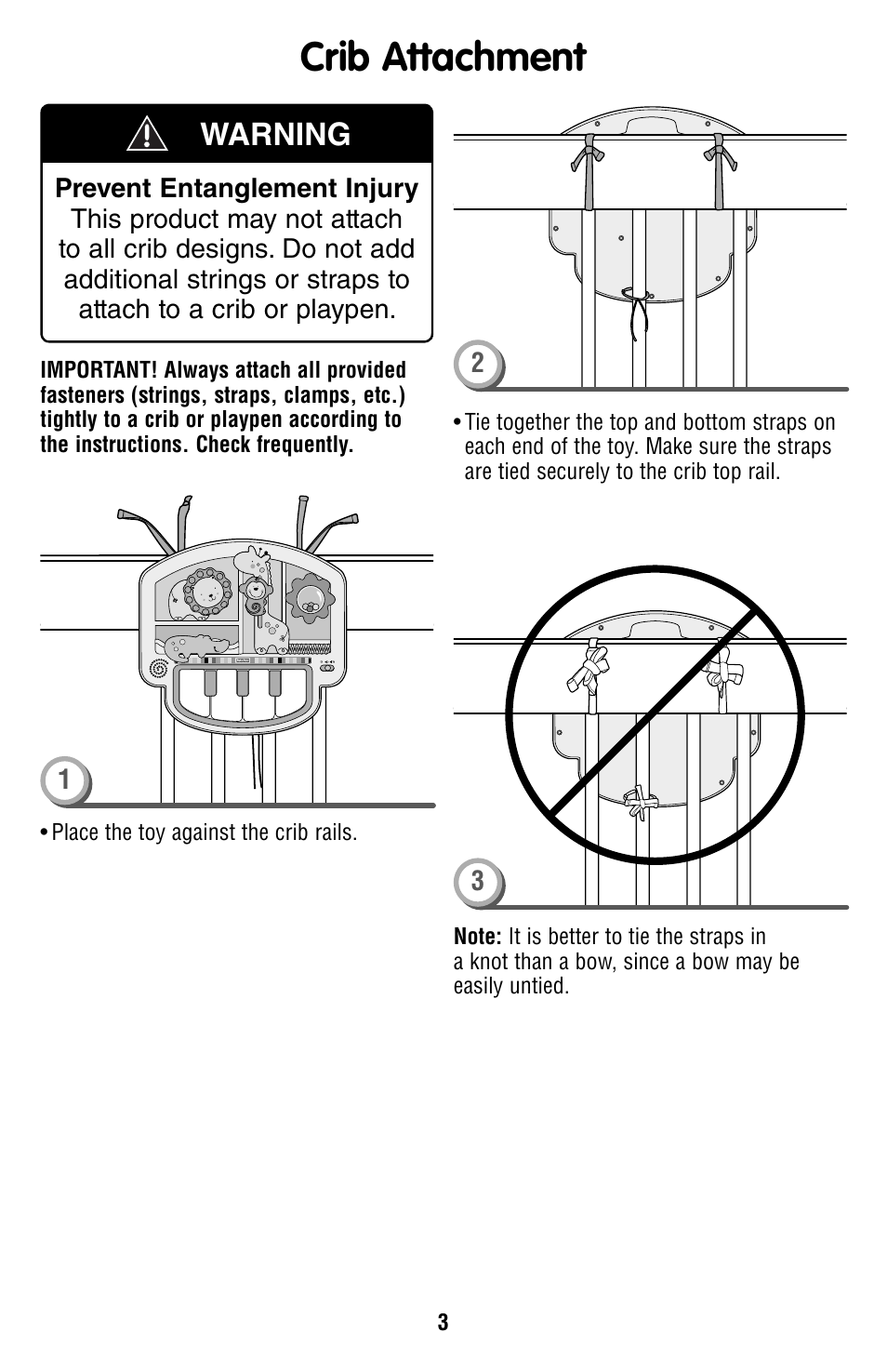 Crib attachment, Warning | Fisher-Price V5611 User Manual | Page 3 / 6