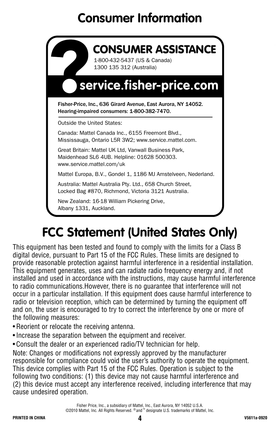 Consumer assistance | Fisher-Price V5611 User Manual | Page 4 / 6