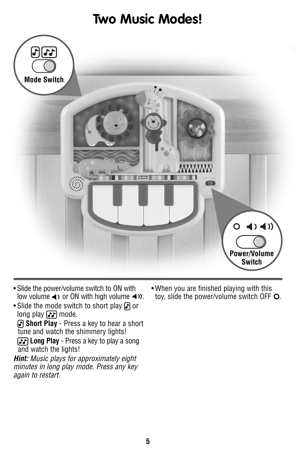 Two music modes | Fisher-Price V5611 User Manual | Page 5 / 6