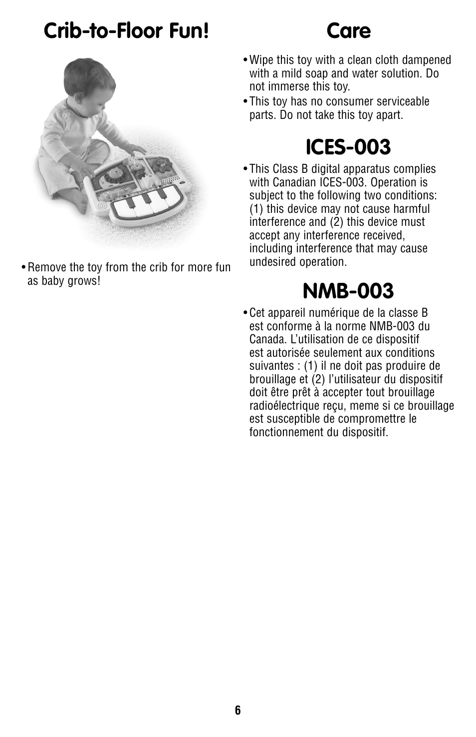 Ices-003, Nmb-003, Crib-to-floor fun! care | Fisher-Price V5611 User Manual | Page 6 / 6