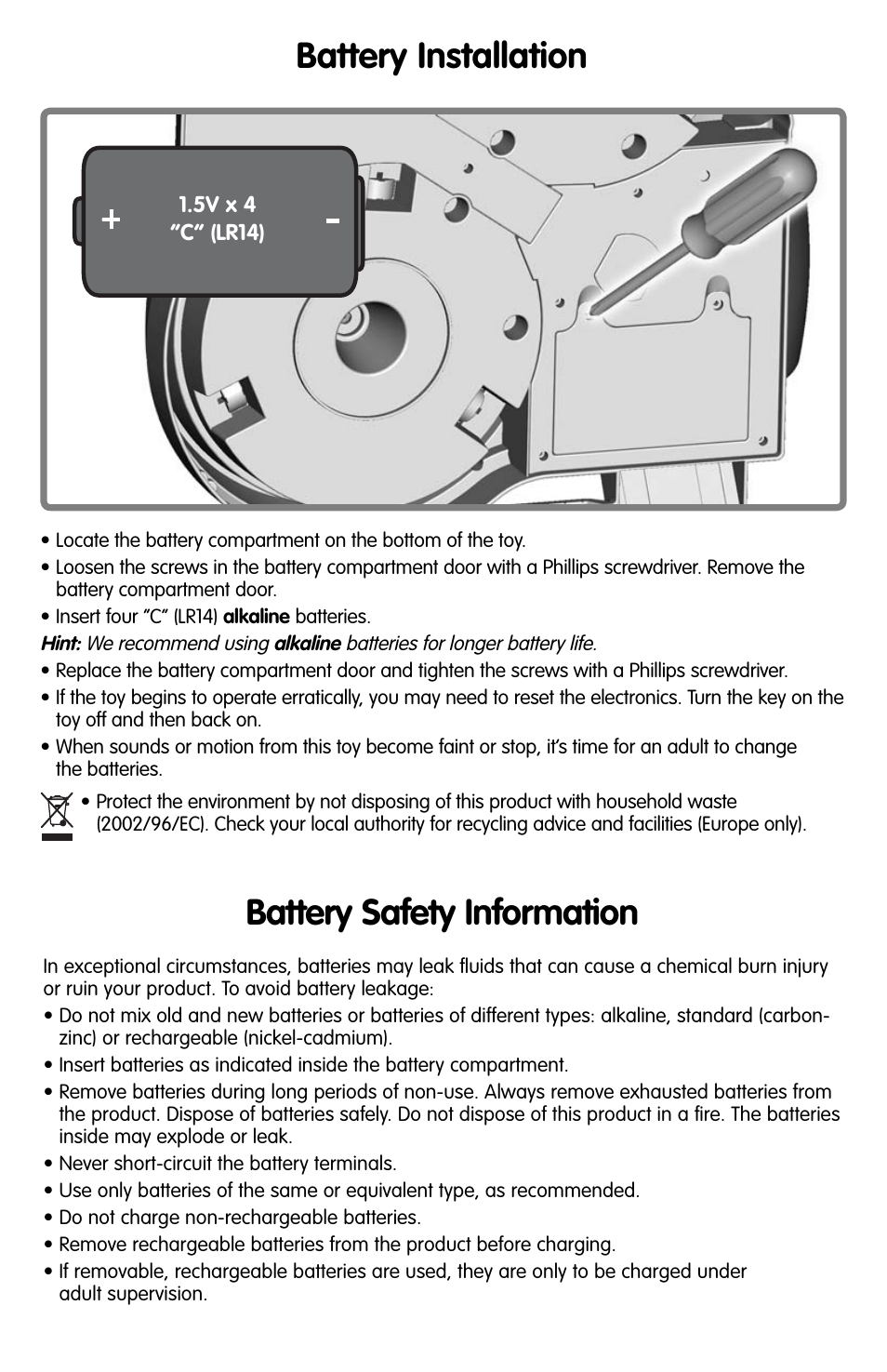 Battery installation, Battery safety information | Fisher-Price M7948 User Manual | Page 3 / 6