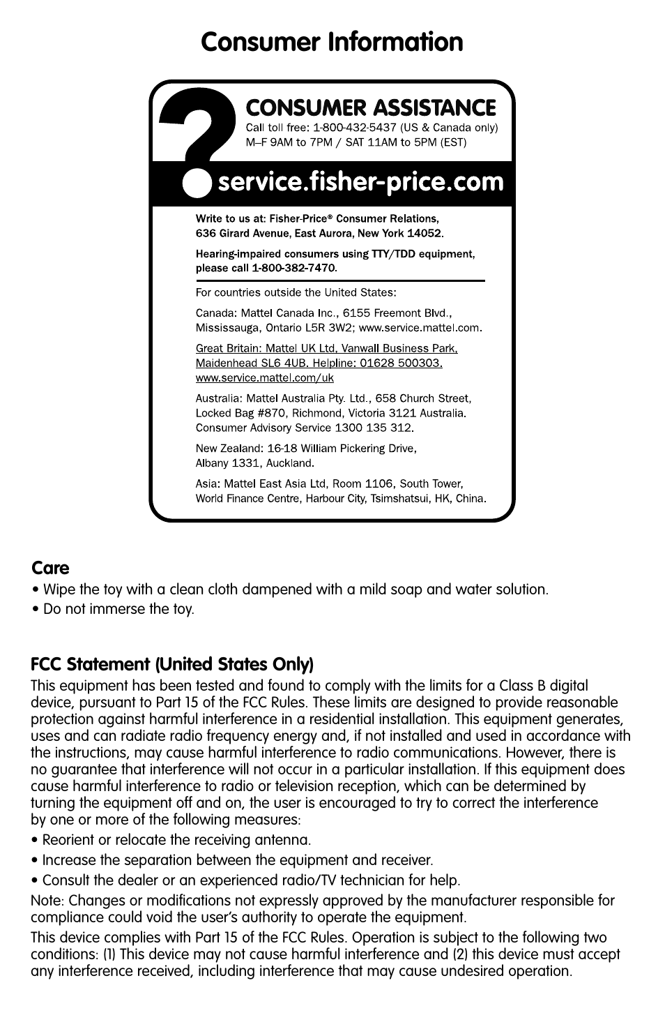 Consumer information | Fisher-Price M7948 User Manual | Page 6 / 6