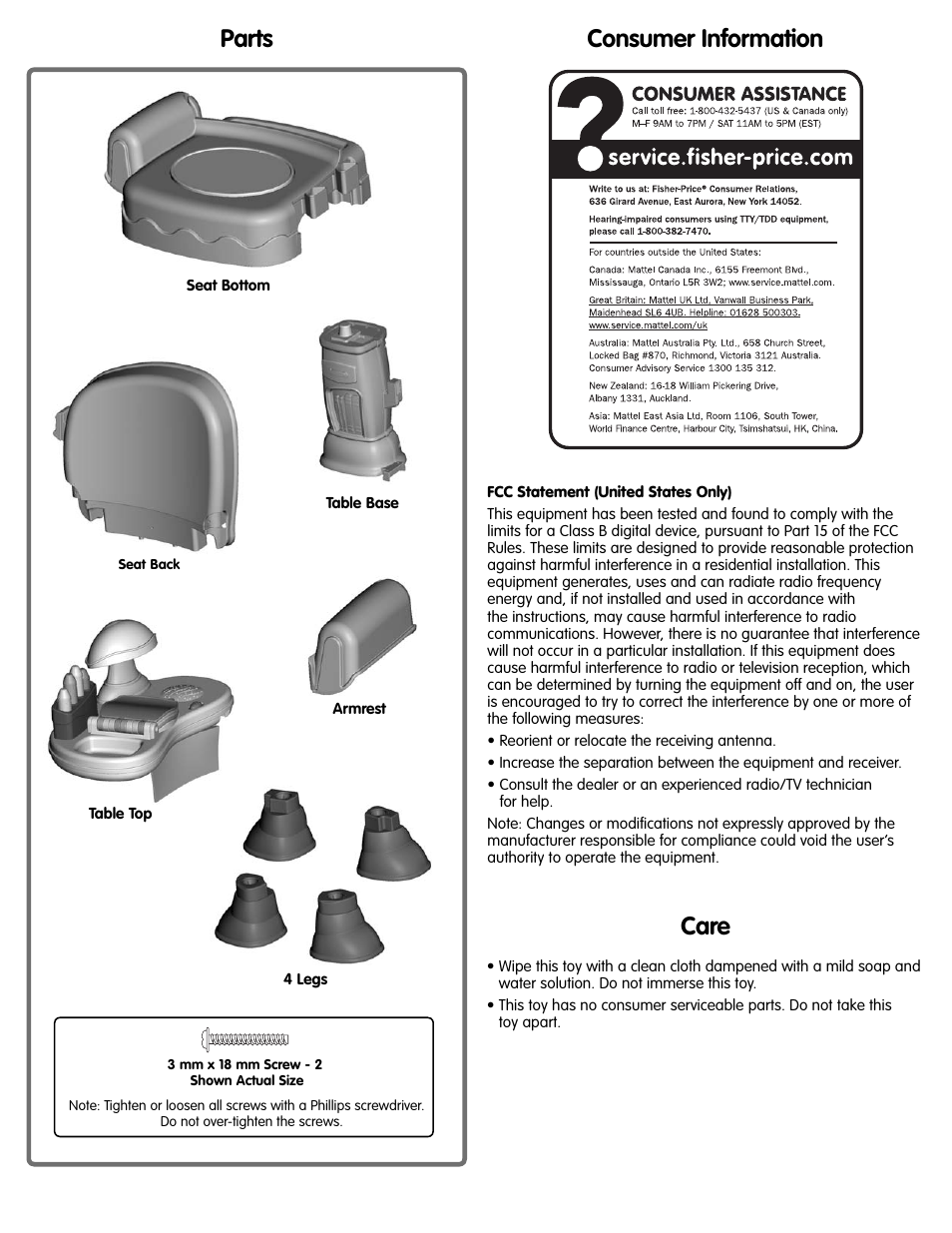 Parts, Care, Consumer information | Fisher-Price L3479 User Manual | Page 2 / 4