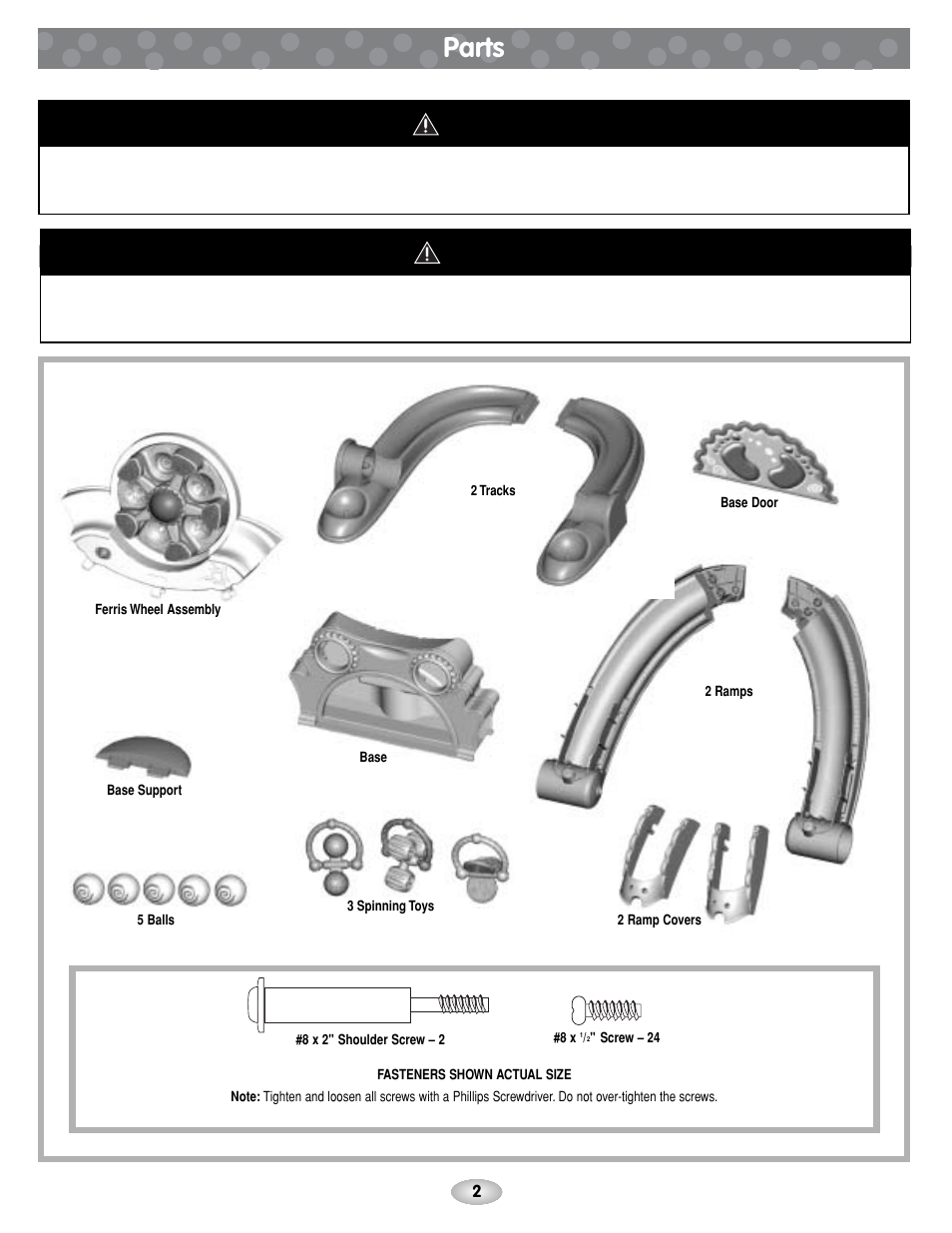 Parts, Caution, Warning | Fisher-Price C1454 User Manual | Page 2 / 8