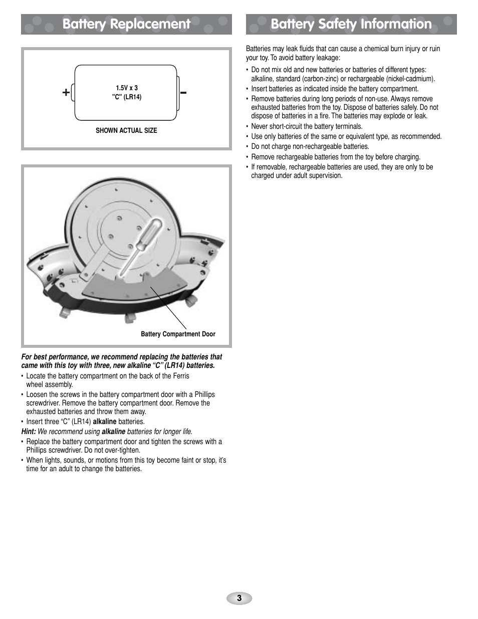 Battery replacement battery safety information | Fisher-Price C1454 User Manual | Page 3 / 8