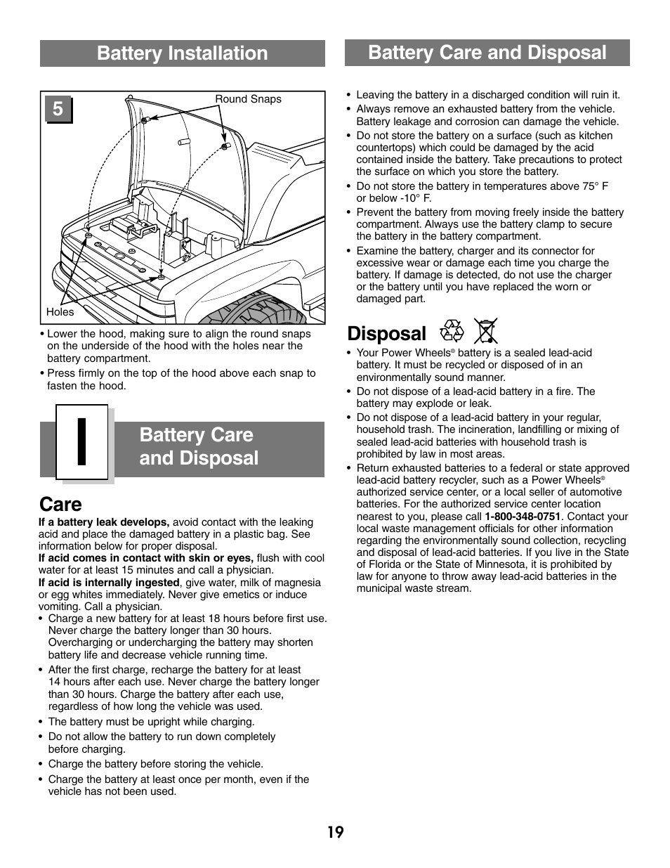Battery care and disposal, Care disposal battery installation, 5battery care and disposal | Fisher-Price SILVERADO B1476 User Manual | Page 19 / 28