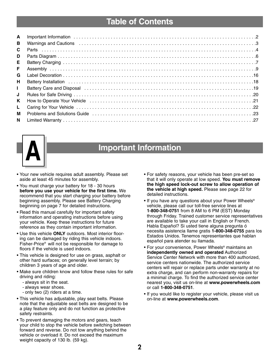 Table of contents important information | Fisher-Price SILVERADO B1476 User Manual | Page 2 / 28