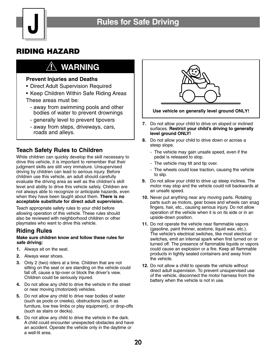 Rules for safe driving, Warning, Riding hazard | Fisher-Price SILVERADO B1476 User Manual | Page 20 / 28