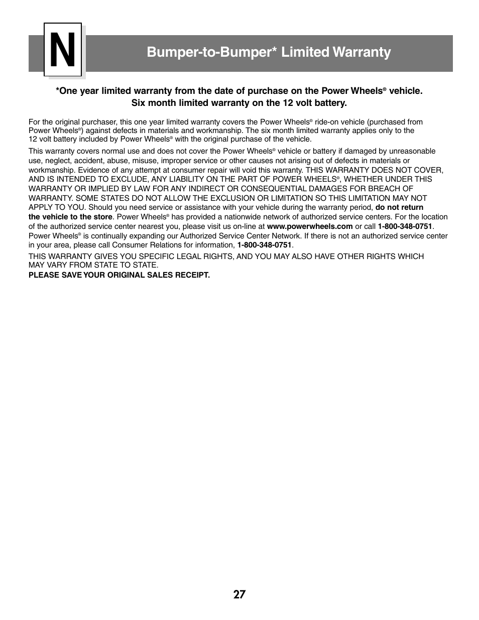 Bumper-to-bumper* limited warranty | Fisher-Price SILVERADO B1476 User Manual | Page 27 / 28