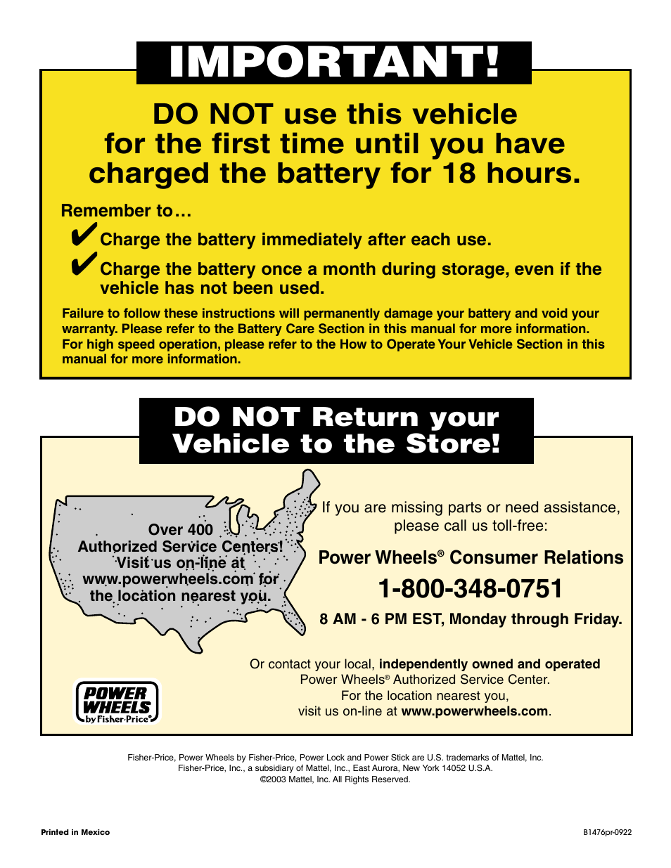 Important, Do not return your vehicle to the store | Fisher-Price SILVERADO B1476 User Manual | Page 28 / 28