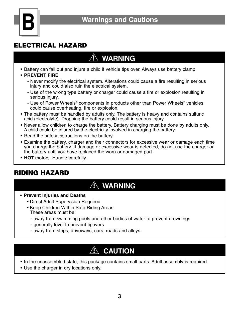 Warnings and cautions, Caution, Warning | Fisher-Price SILVERADO B1476 User Manual | Page 3 / 28