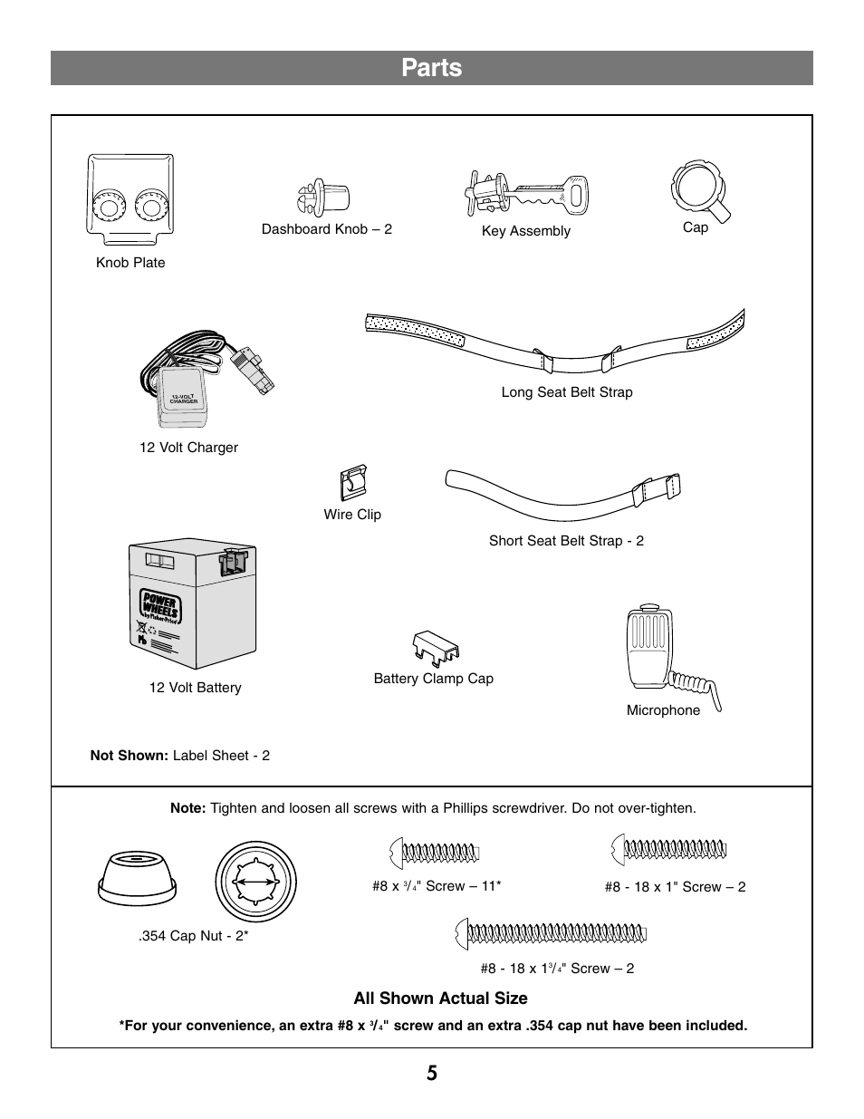 Parts, All shown actual size | Fisher-Price SILVERADO B1476 User Manual | Page 5 / 28