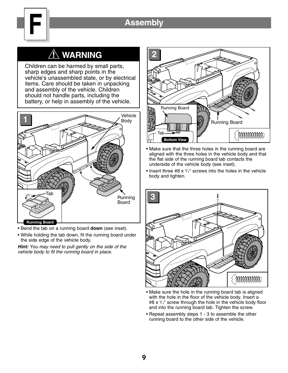 Assembly, Warning | Fisher-Price SILVERADO B1476 User Manual | Page 9 / 28
