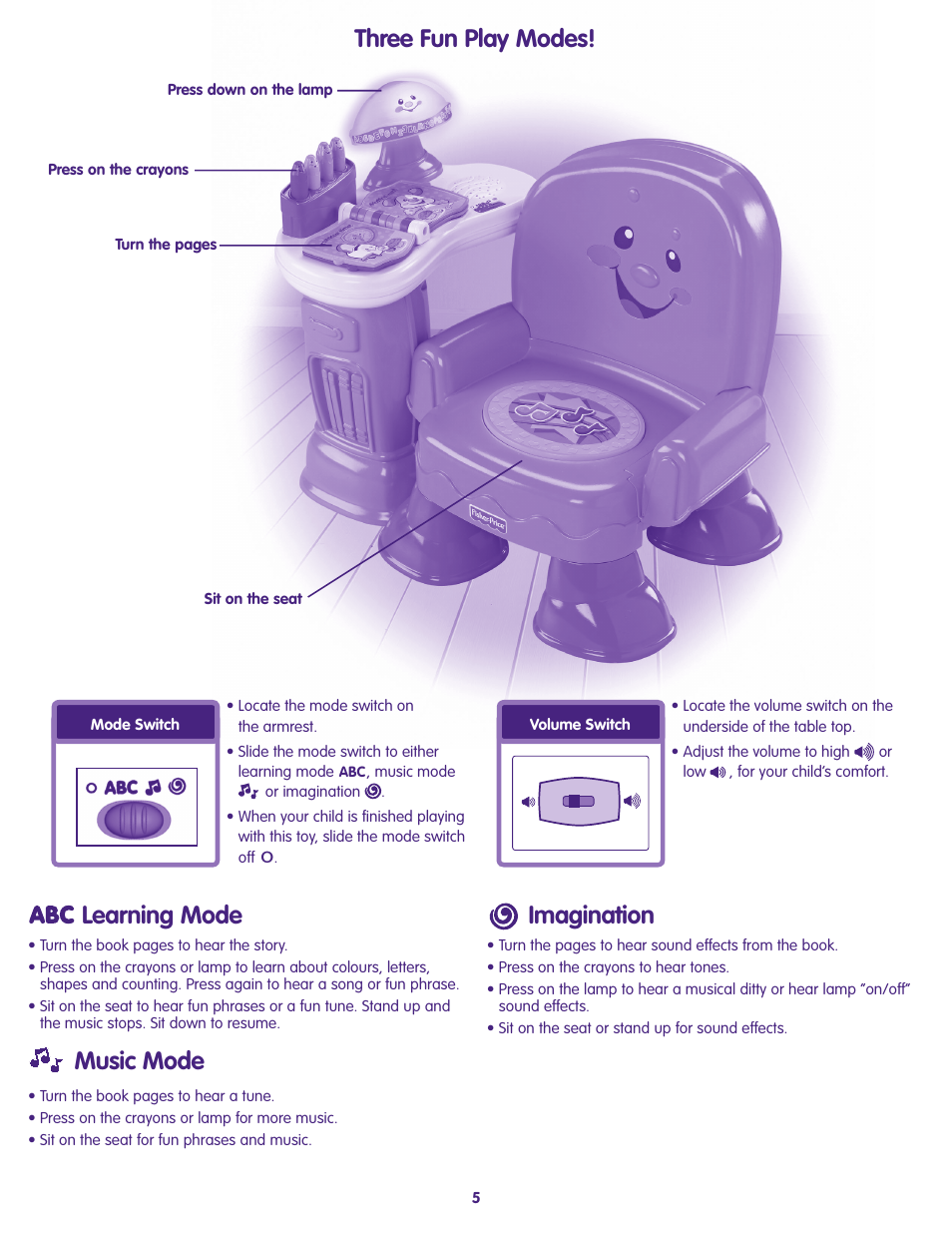 Learning mode music mode, Three fun play modes, Imagination | Fisher-Price L4889 User Manual | Page 5 / 6