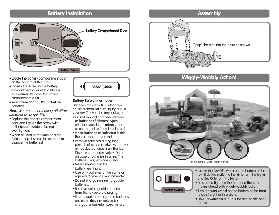 Battery installation, Wiggly-wobbly action, Assembly | Fisher-Price LIL' MOVERS BOATING FUNTM H8090 User Manual | Page 2 / 2