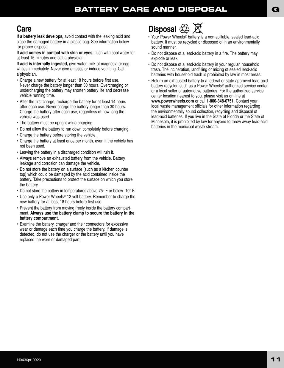 Care, Disposal, Battery care and disposal | Fisher-Price GRAVE DIGGER H0436 User Manual | Page 11 / 20