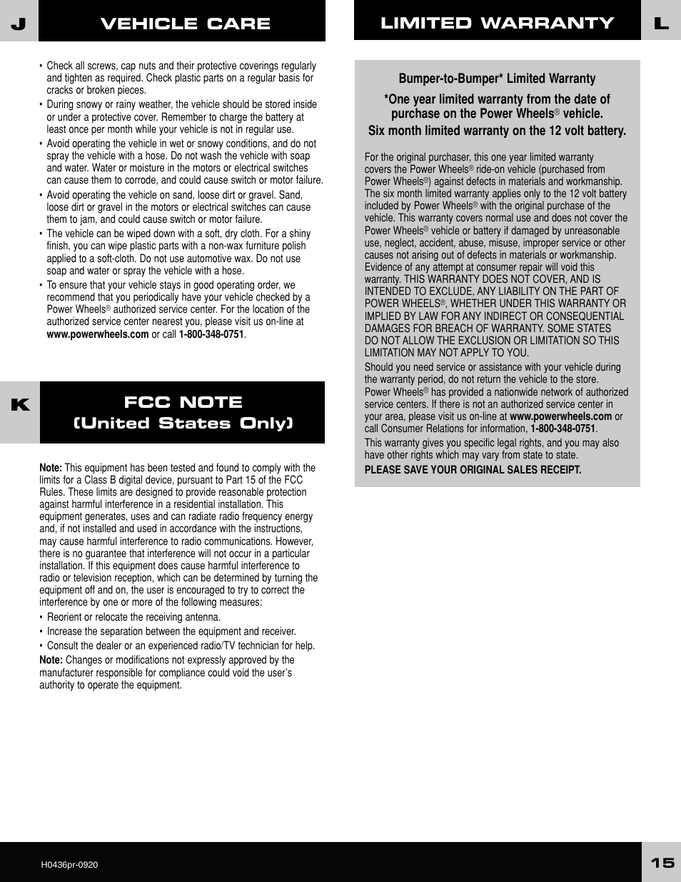 Vehicle care, Limited warranty | Fisher-Price GRAVE DIGGER H0436 User Manual | Page 15 / 20