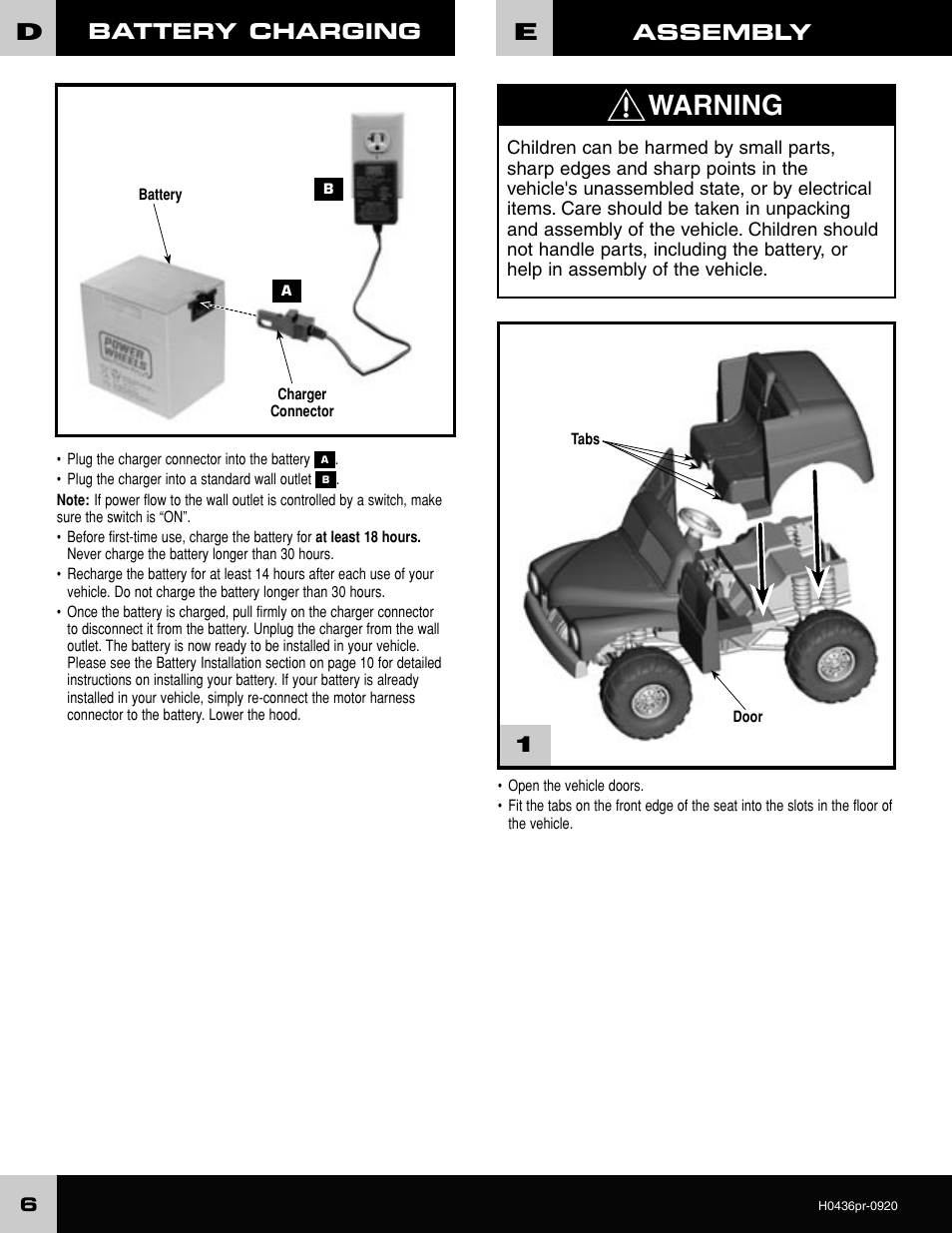 Warning, Assembly battery charging | Fisher-Price GRAVE DIGGER H0436 User Manual | Page 6 / 20