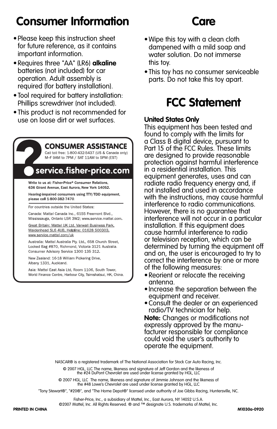 Fcc statement, Care consumer information | Fisher-Price SHAKE N GO M1030 User Manual | Page 4 / 4