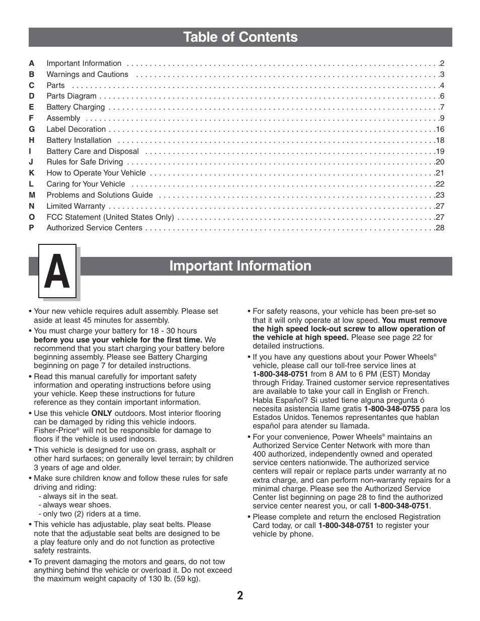 Table of contents important information | Fisher-Price Power Wheels by Fisher Price Chevrolet Silverado B1476 User Manual | Page 2 / 32