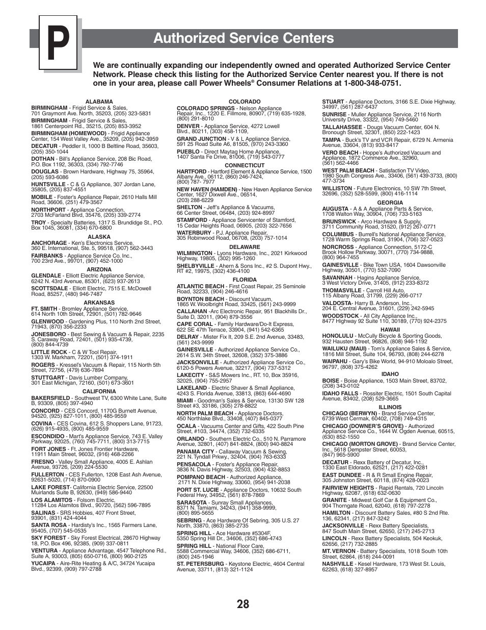 Authorized service centers | Fisher-Price Power Wheels by Fisher Price Chevrolet Silverado B1476 User Manual | Page 28 / 32