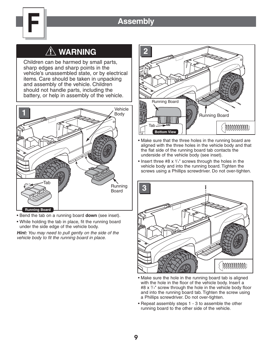 Assembly, Warning | Fisher-Price Power Wheels by Fisher Price Chevrolet Silverado B1476 User Manual | Page 9 / 32