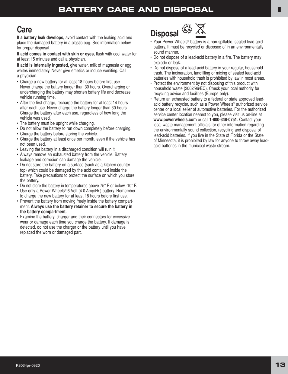 Care, Disposal, Battery care and disposal | Fisher-Price POWER WHEELS K3034 User Manual | Page 13 / 20
