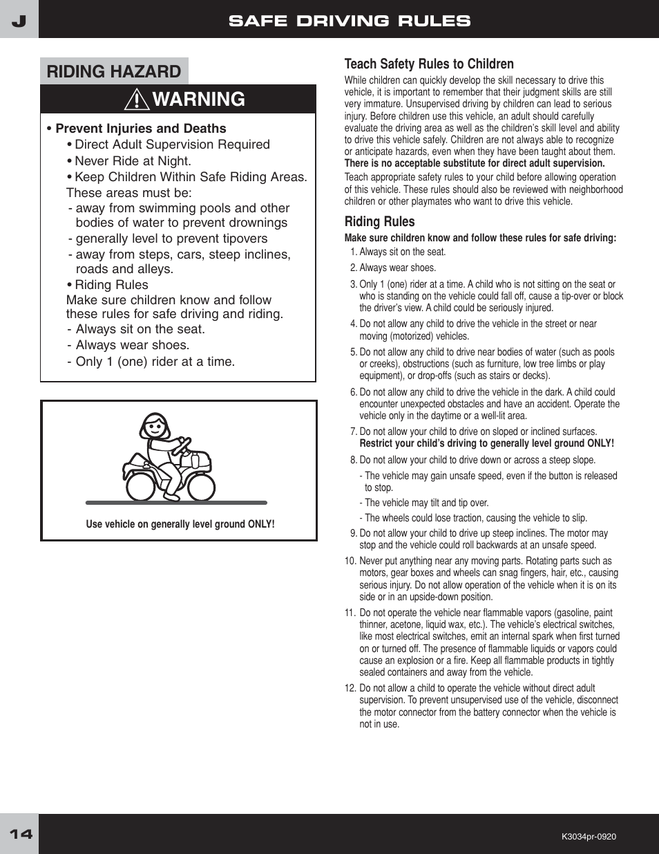 Warning, Riding hazard, Safe driving rules | Fisher-Price POWER WHEELS K3034 User Manual | Page 14 / 20