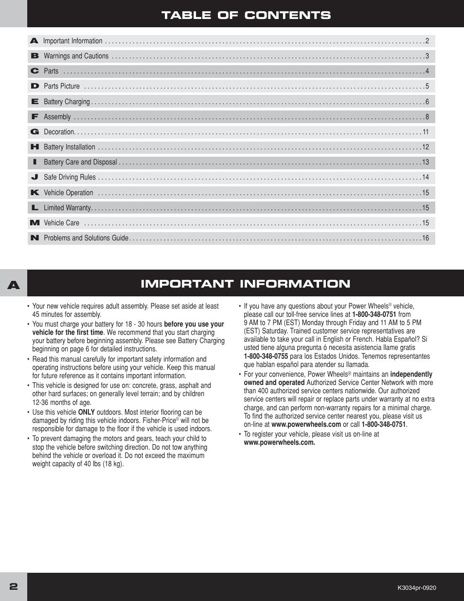 Fisher-Price POWER WHEELS K3034 User Manual | Page 2 / 20