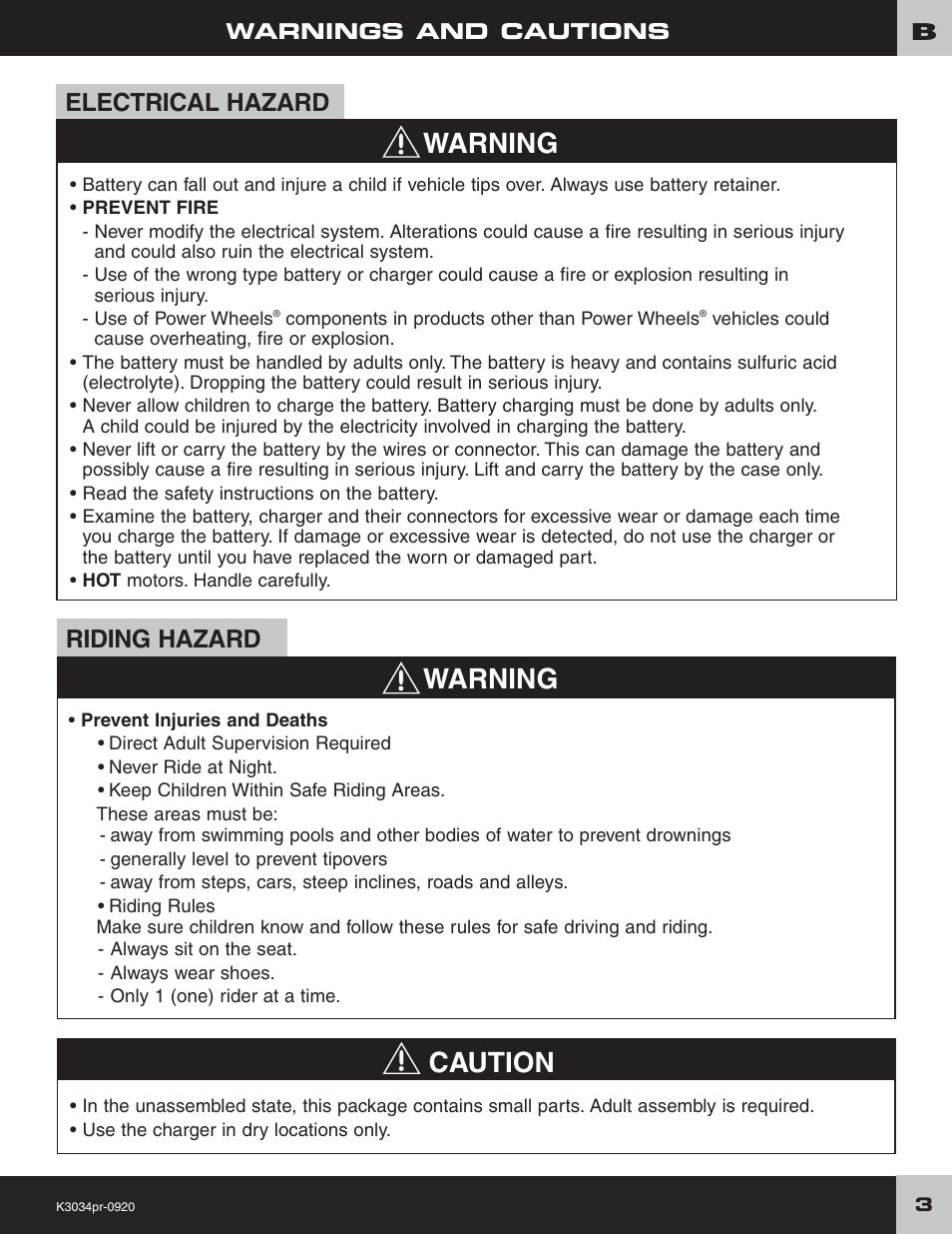 Caution, Warning, Electrical hazard | Riding hazard | Fisher-Price POWER WHEELS K3034 User Manual | Page 3 / 20