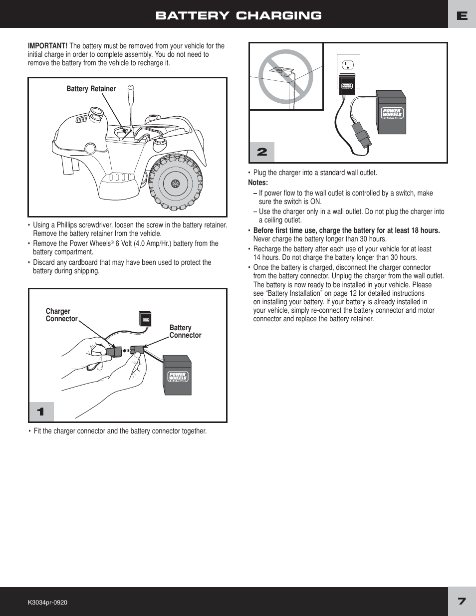 Battery charging | Fisher-Price POWER WHEELS K3034 User Manual | Page 7 / 20