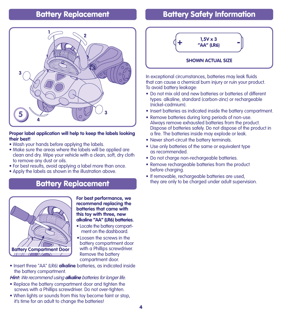 Battery replacement battery safety information, Battery replacement | Fisher-Price H8589 User Manual | Page 4 / 8