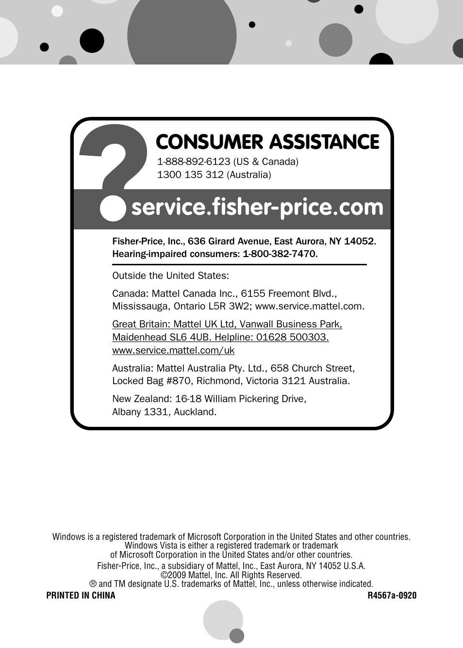 Consumer assistance | Fisher-Price PLAYMYWAY R4567 User Manual | Page 12 / 12